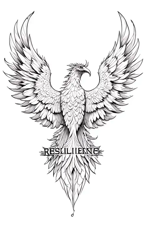 feminine tattoo of a phoenix with the word "resilience" incorporated into the tattoo tattoo design idea