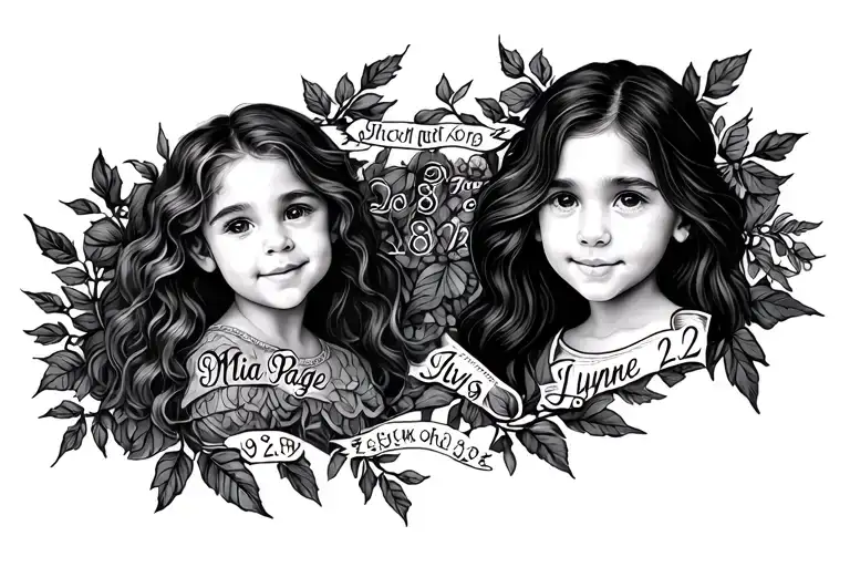 just text of names and dates of kids. Mia Paige 9/8/20 on top of Ivy Lynne 7/9/24. horizontal orientation  tattoo design idea