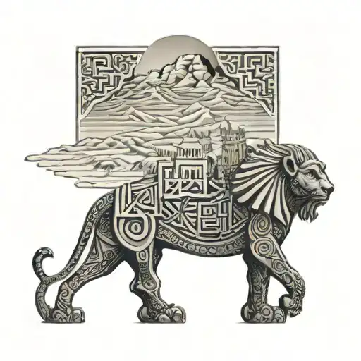 Alhambra de Granada surrounded by the sahara desert, with the sphinx in the background, eqyptian hyroglyph in the centre tattoo design idea