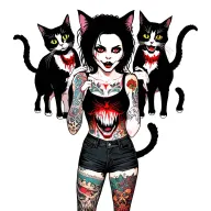 woman punk with gang of cats tattoo design idea