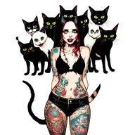 woman punk with gang of cats tattoo design idea