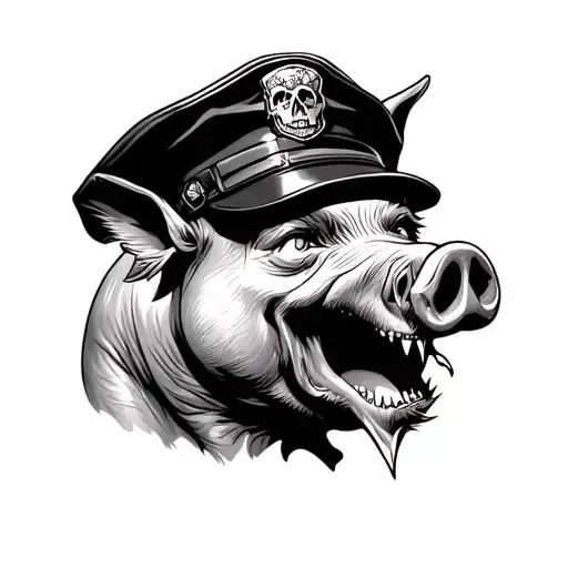 Make me a pig tattoo with a police hat open mouth crying with a skull going from his head through his mouth to his chin  tattoo design idea