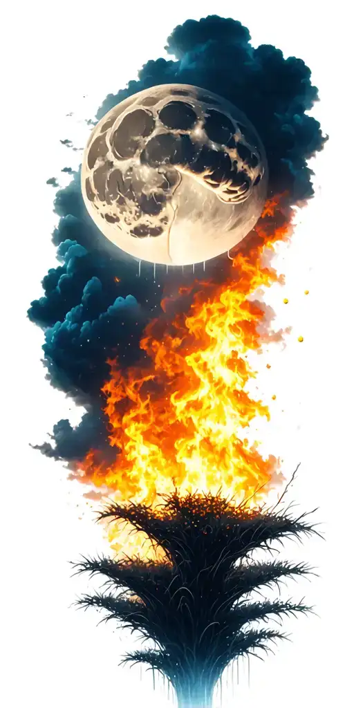 moon in sky with brain-shaped cloud raining water onto smoldering grass fire tattoo design idea