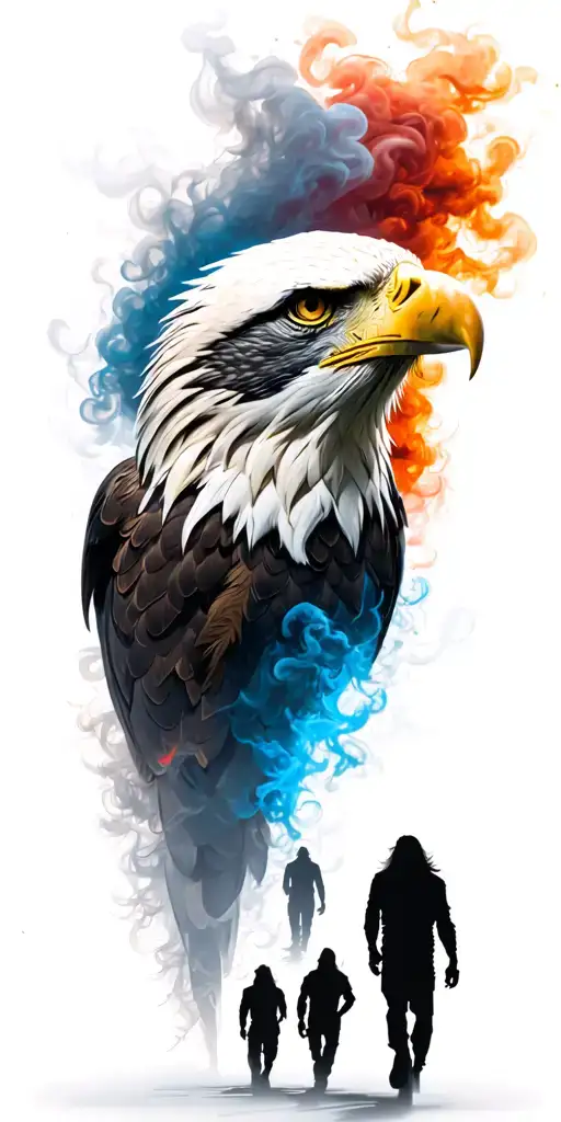 eagle head and shoulders with smoke and hints of red and blue. Wembley staduim below with four shadows walking towards tattoo design idea