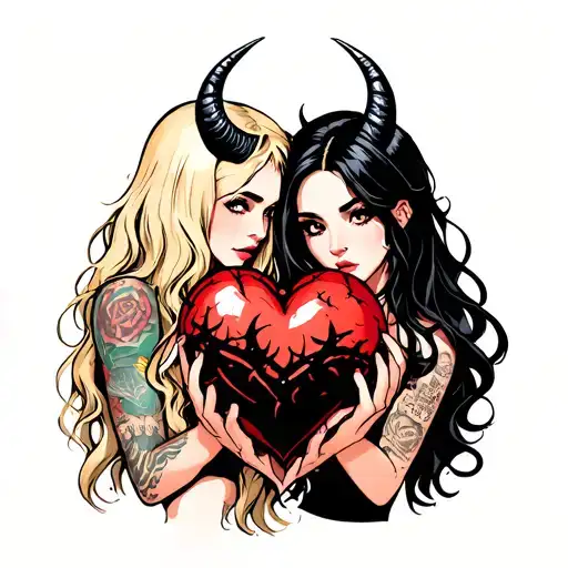 black thorny heart being held by a blonde with horns and a beautiful girl with black hair no horns with tattoos tattoo design idea