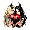 black thorny heart being held by a blonde with horns and a beautiful girl with black hair no horns with tattoos tattoo design idea