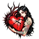 black thorny heart being held by a blonde with horns and a beautiful girl with black hair no horns with tattoos tattoo design idea
