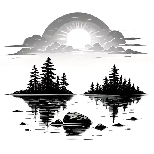 simple lake scene, calm lake, smooth rock shoreline, Sunbeam peaking out from clouds tattoo design idea