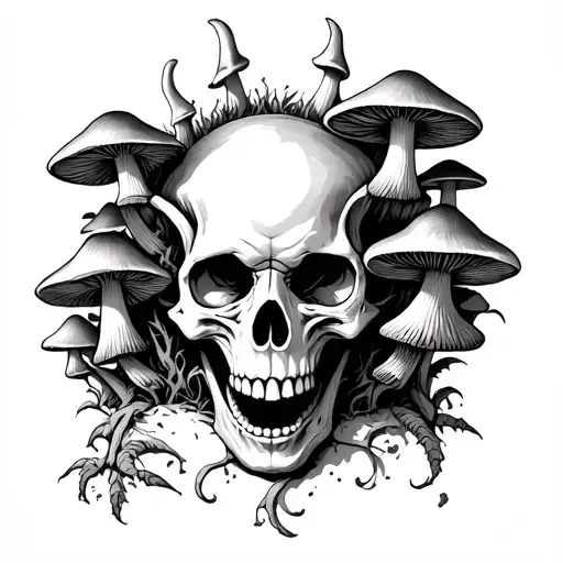 mushrooms growing out of a demon skull faceing forward  tattoo design idea