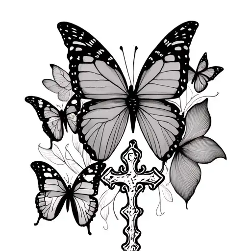 simple small tattoo with the number 41 with butterfly's and a cross tattoo design idea