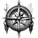 compass mixed with triquetra and arrow going tattoo design idea