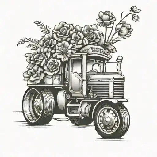 tractor trailer flowers tattoo design idea