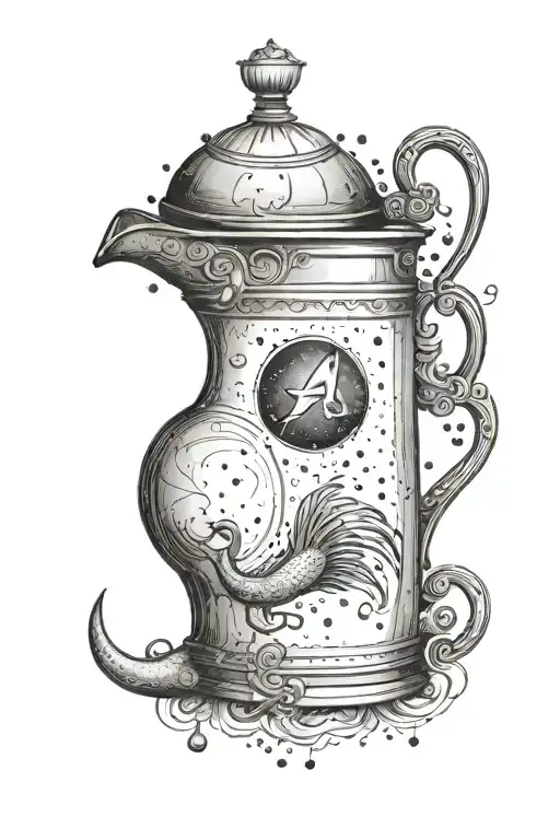 on the top of the shoulder a jug of water as the sign of Aquarius next to it the constellation of Aquarius below that th tattoo design idea