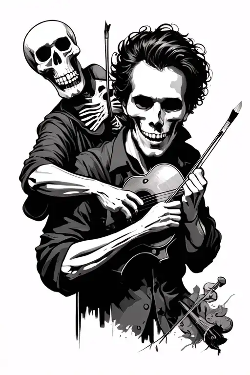 a man holding a paintbrush in his right hand, looking at the viewer, while a skeleton plays the fiddl tattoo design idea