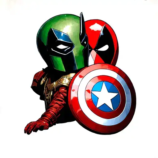 Loki's Helmet sitting on top of Captain America's shield with the Deadpool logo in place of the star tattoo design idea