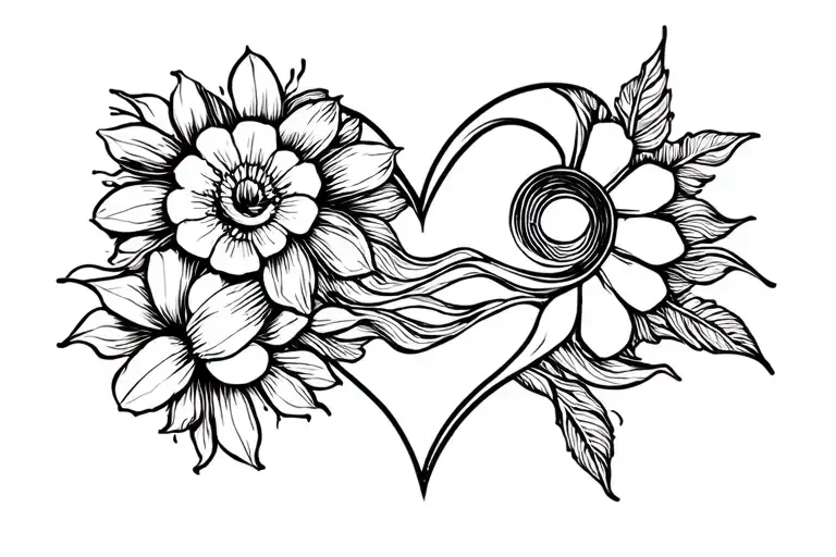 sun heart flowers and ocean waves tattoo design idea