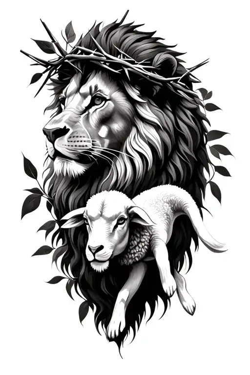 realism lion with lamb crown of thorns wrapped and olive leaves tattoo design idea
