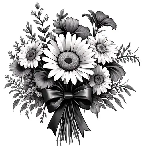 flower bouquet with a daisy, Violet, iris, Larkspur, and cosmo wrapped in a bow with long stems tattoo design idea
