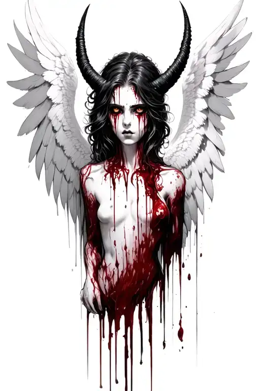 angel half demon bleeding from its eyes tattoo design idea