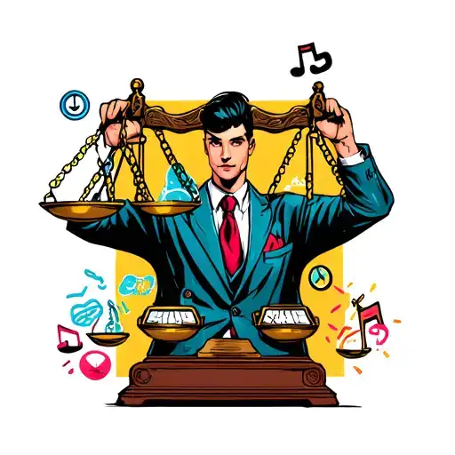 A legal clerk holding a scale with symbols of sex, drugs, and music on each side tattoo design idea