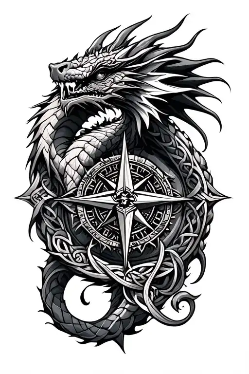 Celtic dragon and Nordic compass tattoo design idea