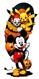 Mickey Mouse and pikachu with clown makeup, playing with pennywise during Halloween with pumpkins and scary things tattoo design idea