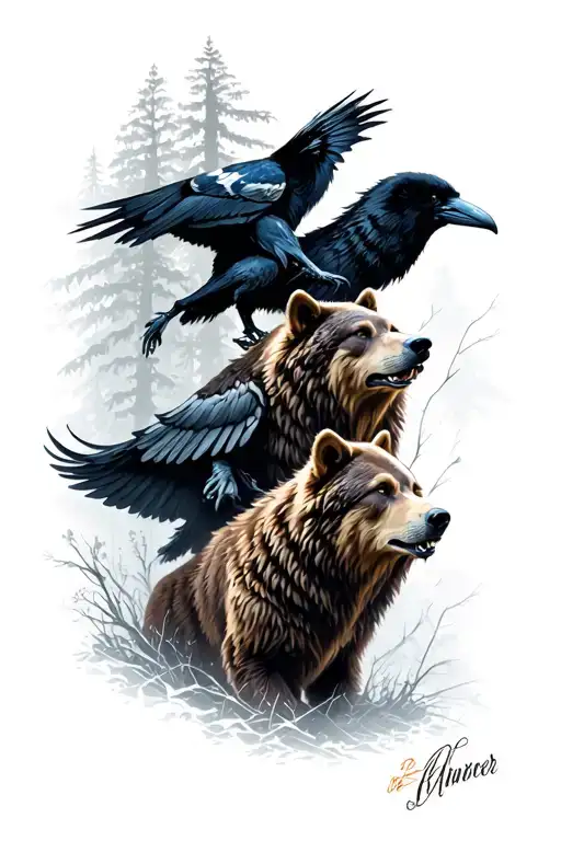 Veles, raven, wolf, bear in a rage in the forest tattoo design idea
