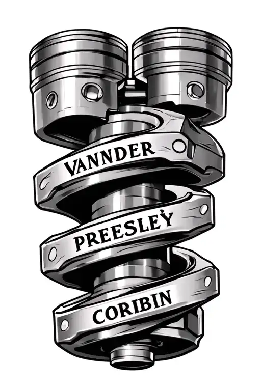 3 pistons and crankshaft transforming into a mechanical with names Vander, Presley and Corbin on connecting rods tattoo design idea