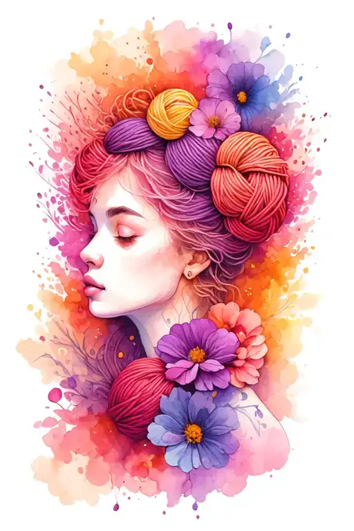 female face with yarn exploding from top of head surrounded by flowers  tattoo design idea