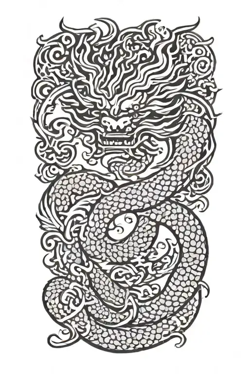 One Korean dragon and flourish pattern in blackwork tattoo design idea
