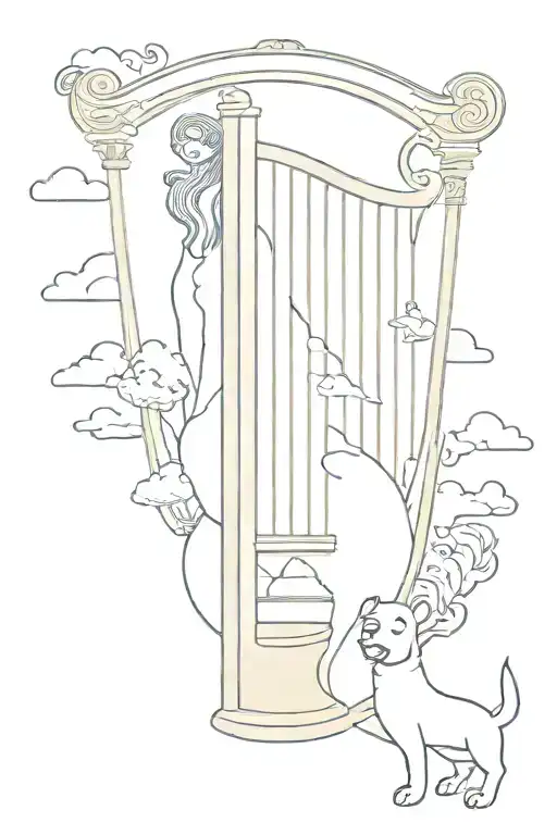 Greek, Athena, New Zealand, 4, clouds lyre, dogs outline tattoo design idea