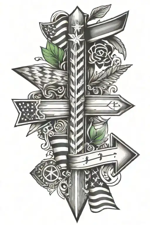 arrow with German, Irish, American flags. Charms hanging of the arrow with letter P, T, UNT, a cross, number 8 tattoo design idea