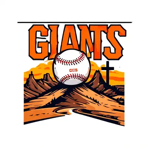 giants baseball symbol, with desert behind, and a cross on a hill in the distance tattoo design idea