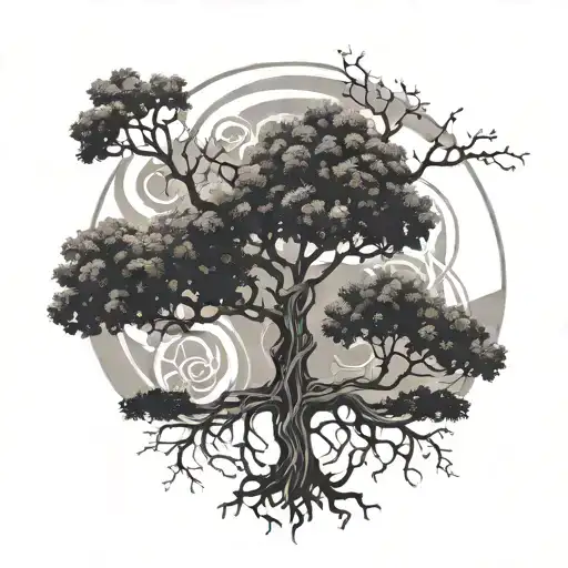  3 branches half Dead partly alive Tree with geometric symbols for the roots tattoo design idea