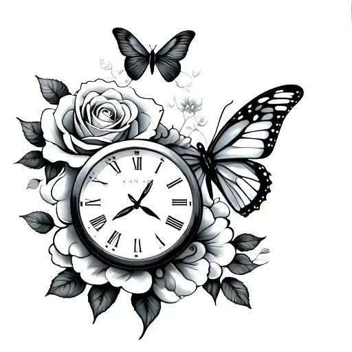 Clock 05:59 ; ovarian cancer symbol; clouds ; butterfly; rose tattoo design idea