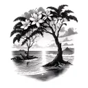 Beach, flowers, and trees, healing power tattoo design idea