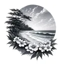 Beach, flowers, and trees, healing power tattoo design idea