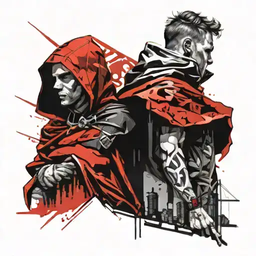 two men wearing capes on a roof tattoo design idea