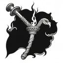 antique torch with a wrapped snake tattoo design idea