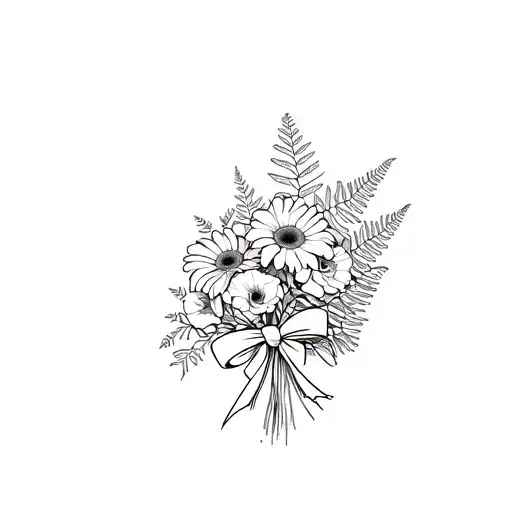 Bouquet of gerberas, ferns and roses with a bow tattoo design idea
