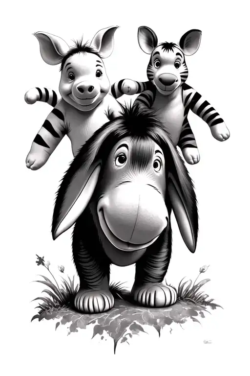 generate a tattoo of baby eeyore, piglet, tigger and winnie the pooh all on top of eeyore, black and white tattoo design idea