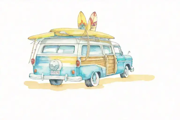 woody surf wagon with surf boards on a tropical beach tattoo design idea