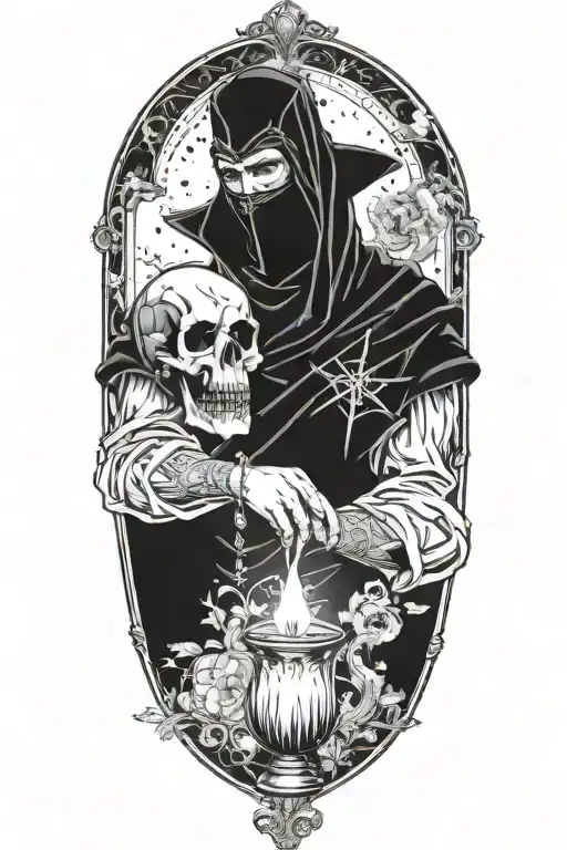 Masked alchemist performing ritual, jewelry, tarot cards, candles tattoo design idea