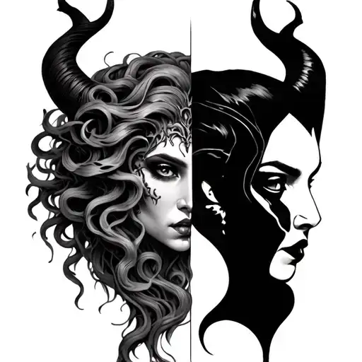 half Maleficent And Half Medusa Head tattoo design idea