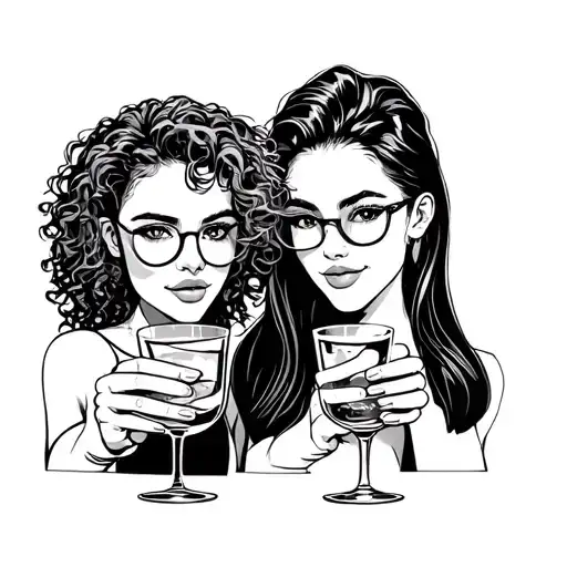 two friends, curly hair and straight hair, fine features, glasses of gin, toasting, tattoo design idea