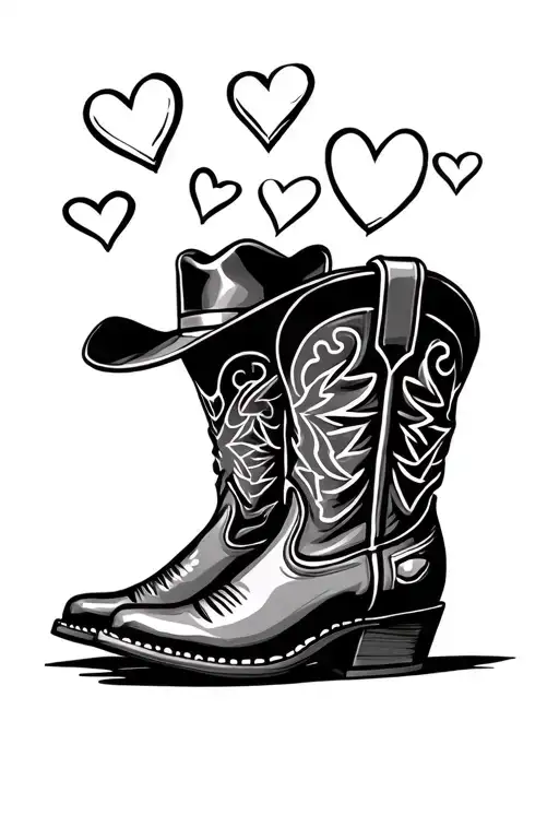 cowboy boots with cowgirl hat with hearts tattoo design idea