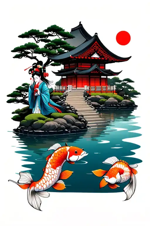 Japanese temple with a downstream river with a geisha and two kois tattoo design idea