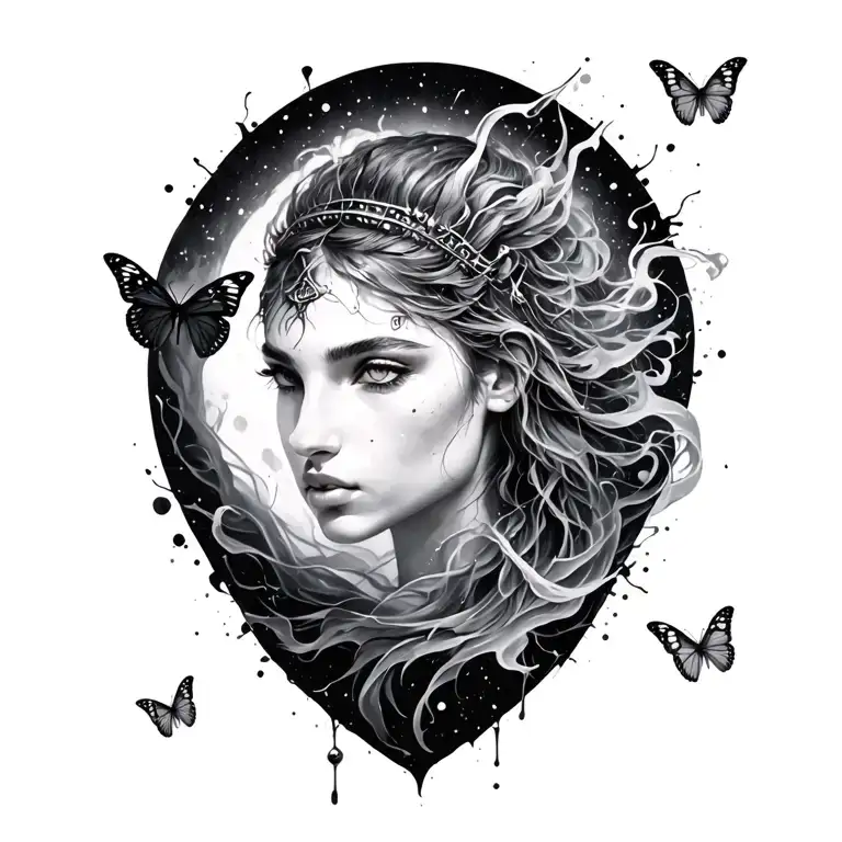 Sagittarius zodiac sign inc splatter smoke and butterflies tattoo design idea