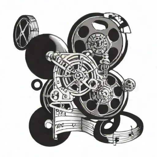 A film reel intertwined with musical notes and historical symbols tattoo design idea