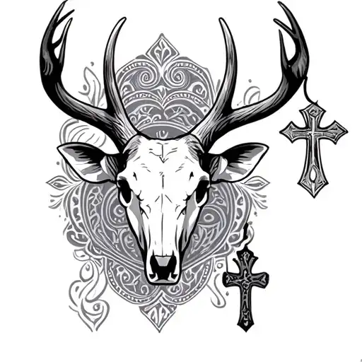 paisley print with cross and cow ear tag and buck skull  tattoo design idea